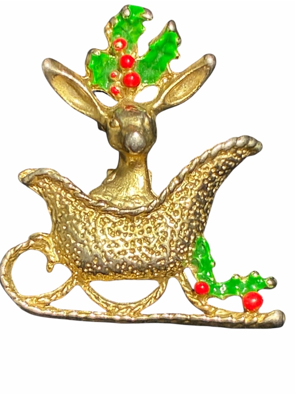Gold-tone Reindeer Sleigh Holiday Brooch with Green & Red Accents - Unbranded